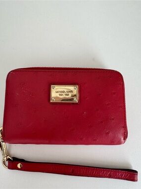Michael Kors Red Ostrich Embossed Zip Leather Wristlet